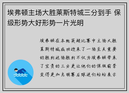 埃弗顿主场大胜莱斯特城三分到手 保级形势大好形势一片光明