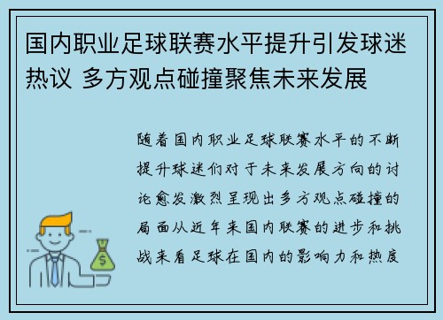 国内职业足球联赛水平提升引发球迷热议 多方观点碰撞聚焦未来发展