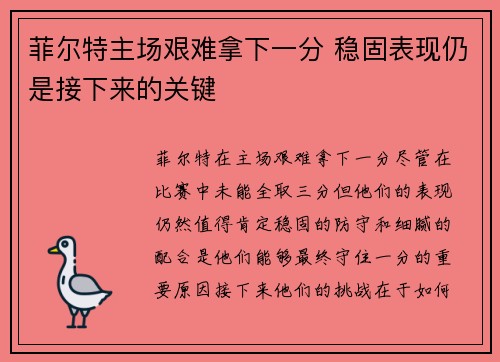 菲尔特主场艰难拿下一分 稳固表现仍是接下来的关键