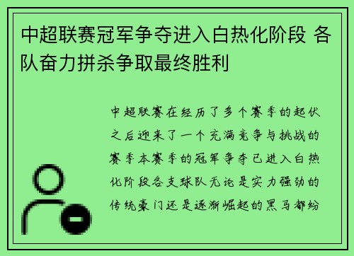 中超联赛冠军争夺进入白热化阶段 各队奋力拼杀争取最终胜利