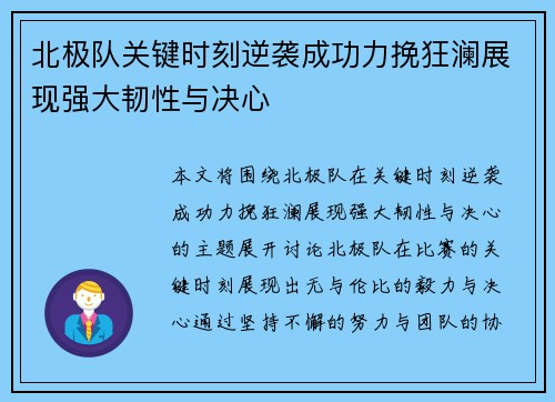 北极队关键时刻逆袭成功力挽狂澜展现强大韧性与决心