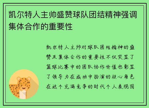 凯尔特人主帅盛赞球队团结精神强调集体合作的重要性